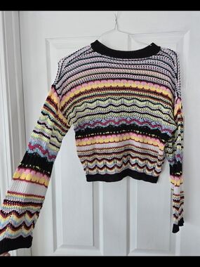 Womens Colorful Striped Crochet Knit Sweater Size Medium